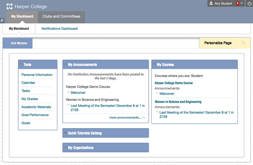 Screen capture of the My Blackboard area of the Blackboard learning management system at Harper College.